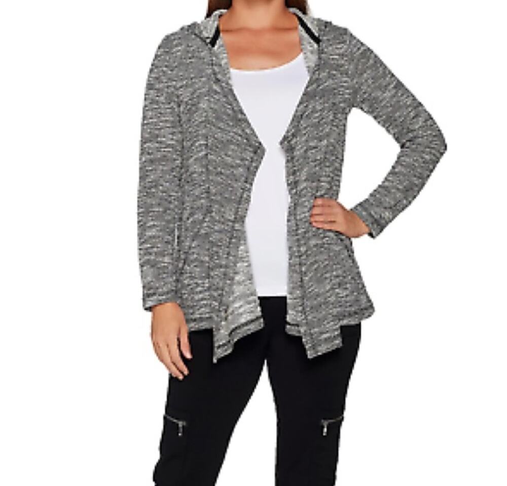Susan Graver Weekend Navy Blue Lightweight Flowy Cardigan Hooded Jacket Top XL